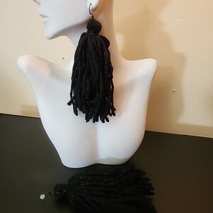 Black Beaded Tassel Statement Earrings